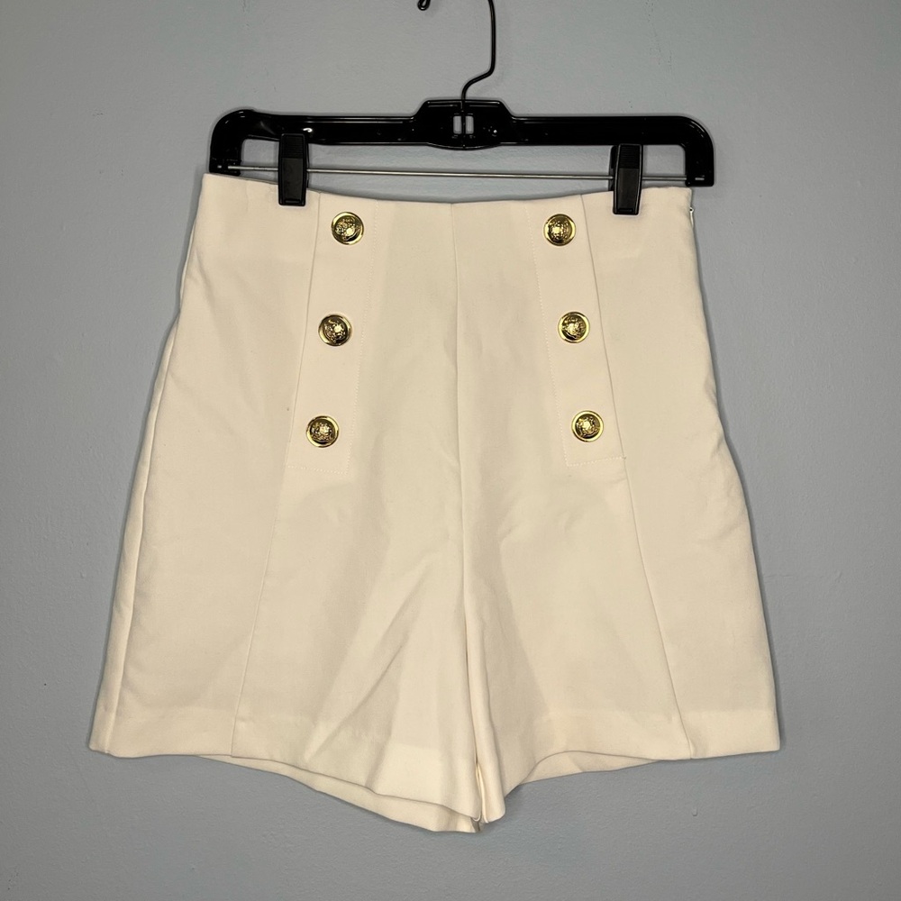 Zara High Waisted White Shorts Gold Buttons S